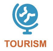 icon of globe with text reading "tourism"
