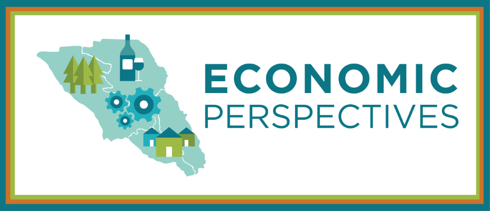 Economic Perspectives. Illustration of Sonoma County with icons of tress, wine, gears, and houses.