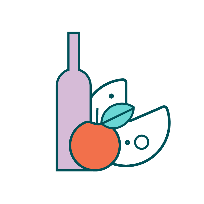 icon of bottle of wine, fruit, and cheese